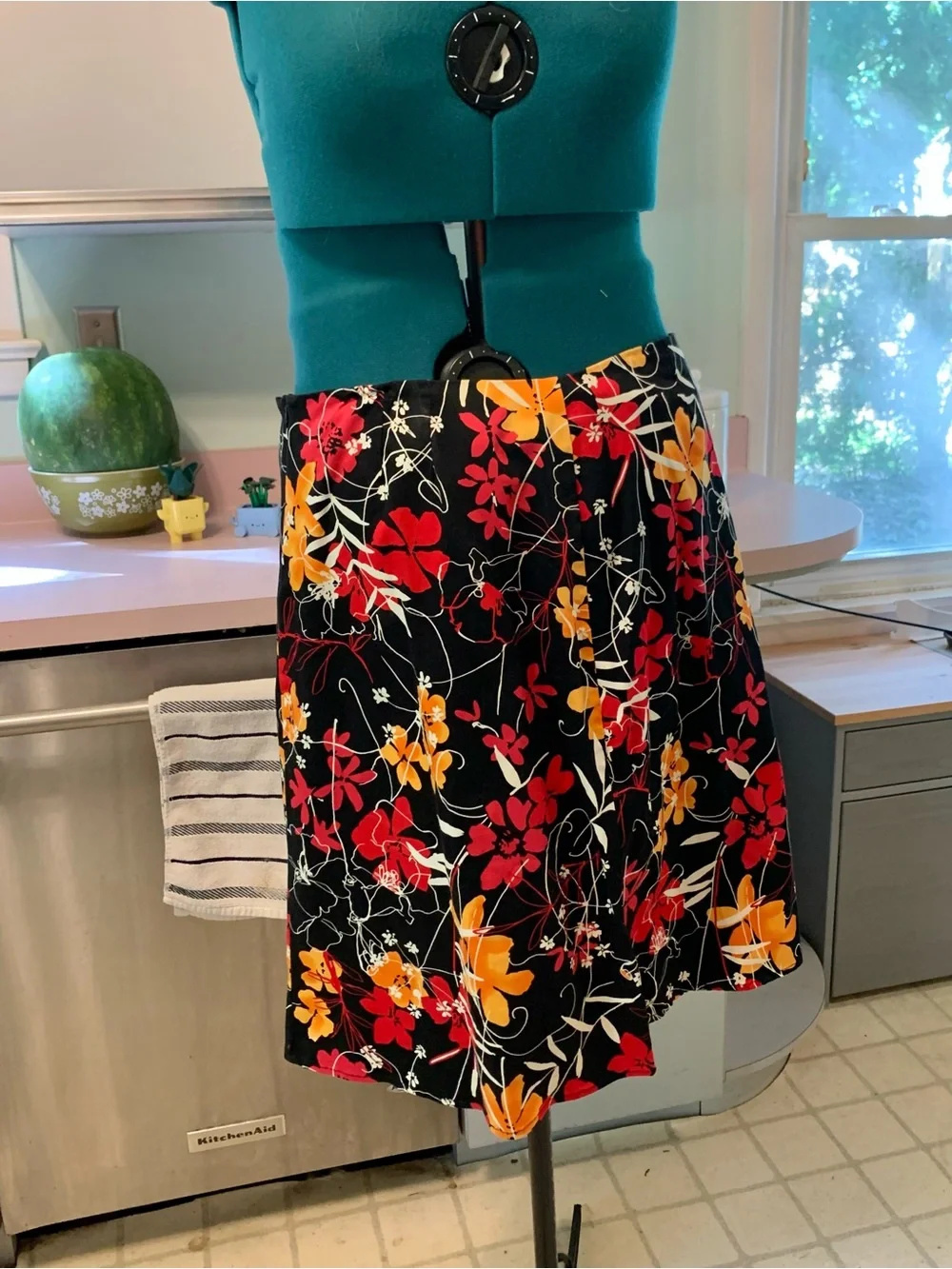 Vintage Notations Black Midi Skirt with Red & Orange Floral Print, Never Worn